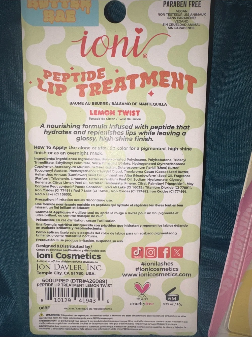 Ioni Lip Treatment Balm - Peptide - Lemon Twist & Maracuja - Sweet Candy